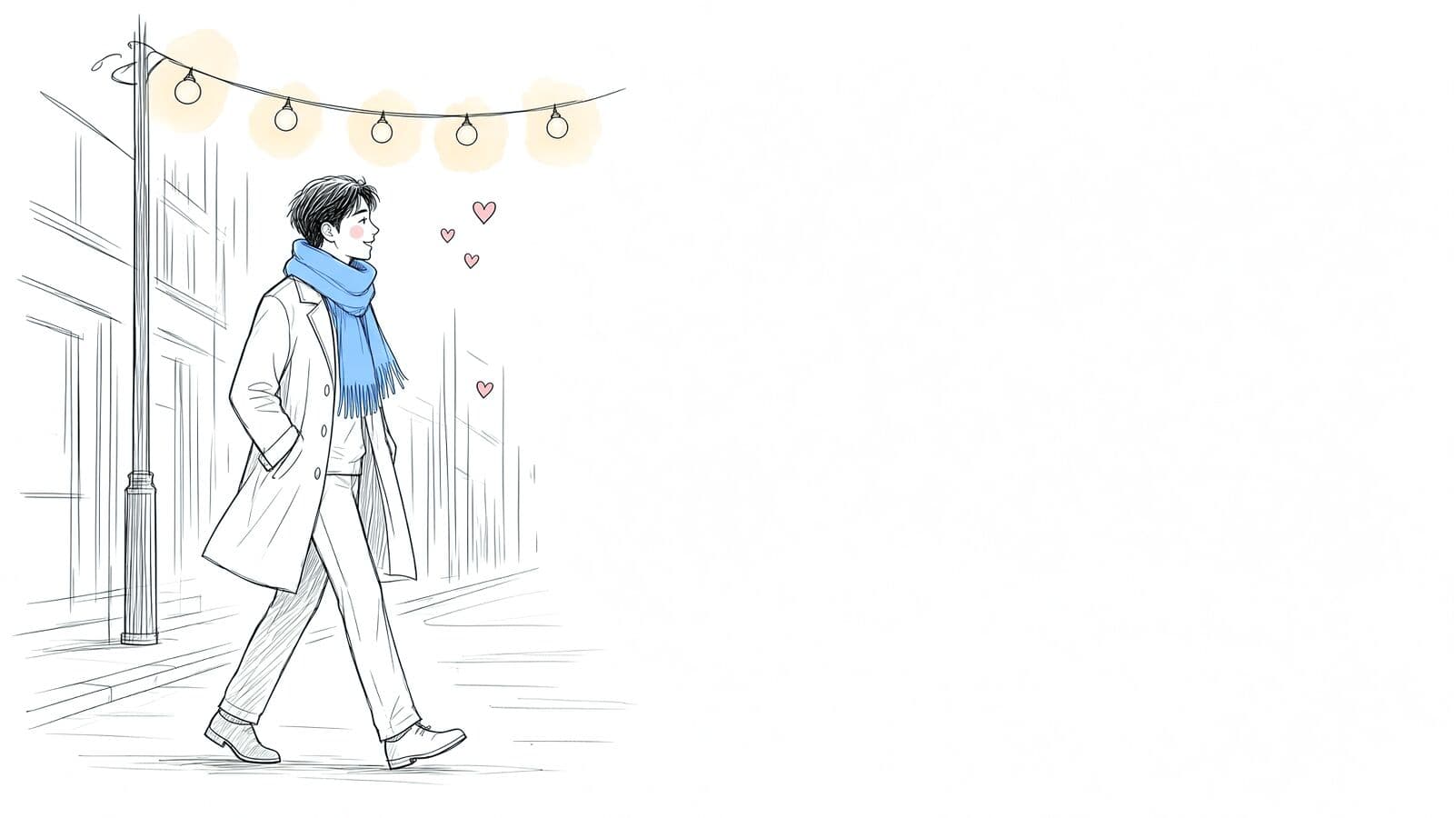 Ink sketch of a man in a wool coat and blue scarf walking home under a string of warm lights, hands in pockets, small hearts trailing behind him