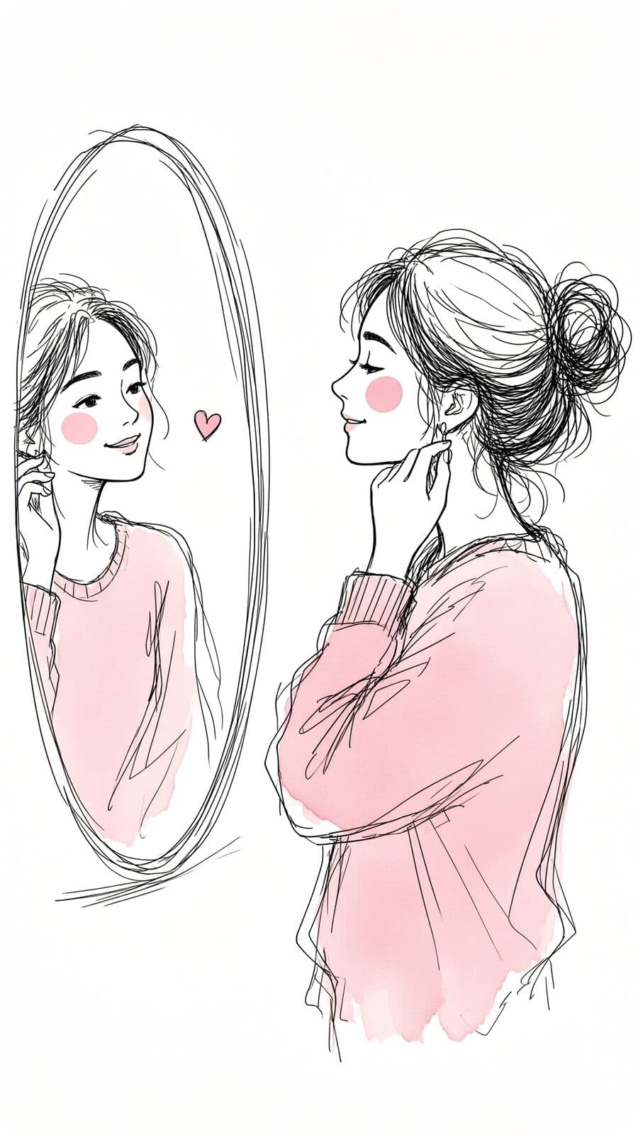 Ink sketch of a woman in a pink jumper putting on an earring in front of an oval mirror. Her reflection smiles back, a small heart beside it