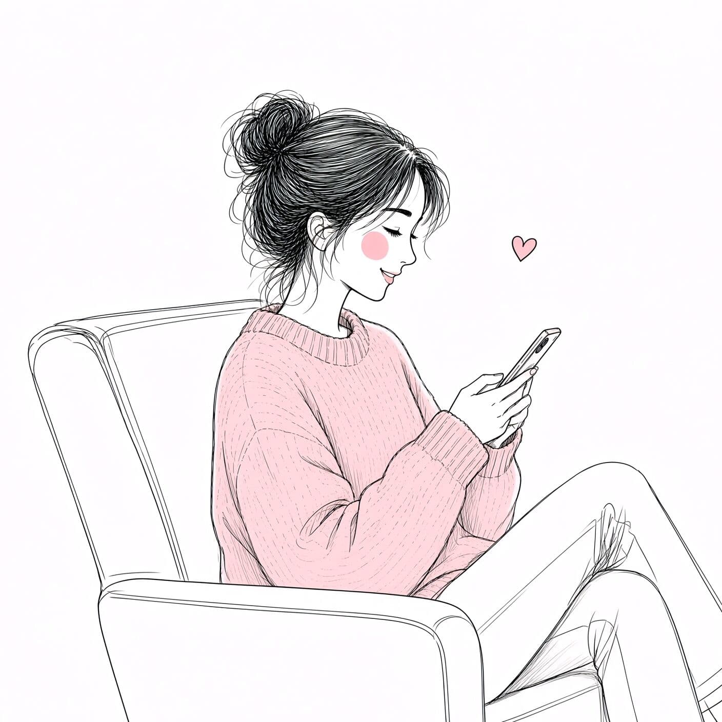 Ink sketch of a woman curled up on a sofa in a pink jumper, smiling at her phone, a small heart floating beside her