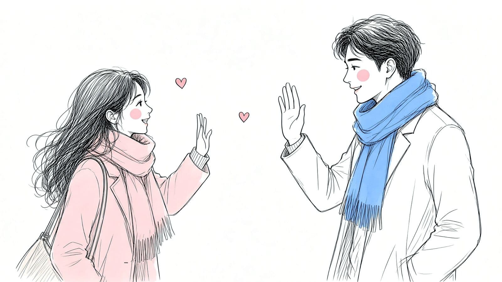Ink sketch of two people meeting on the street, hands raised in a happy hello, small hearts floating between them