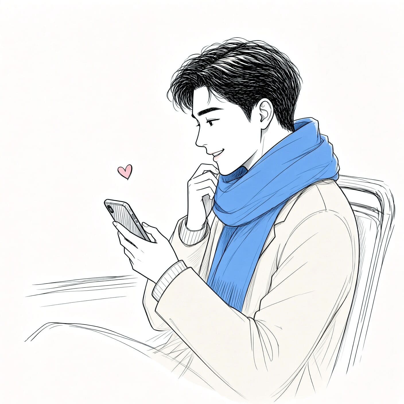 Ink sketch of a man with a blue scarf in a tram seat, reading his phone with a soft smile, a little heart above the screen